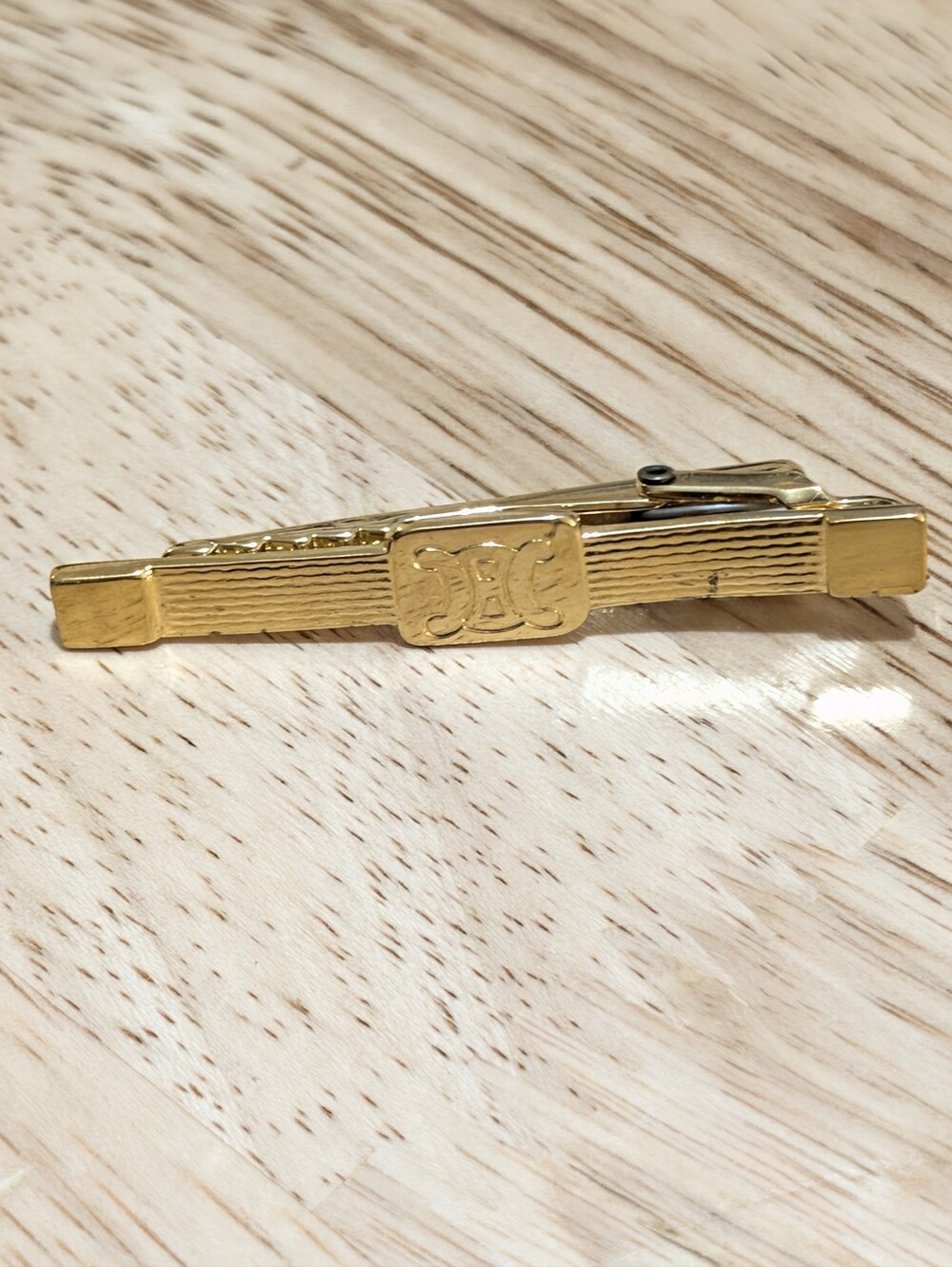 Vintage Celine Gold Tone Textured Tie Clip Triomphe Logo